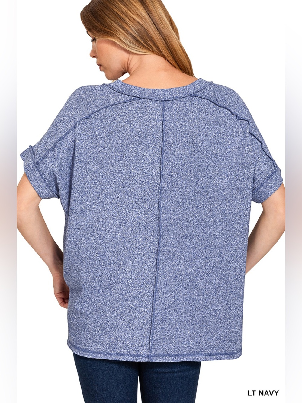 NWT ZENANA SOFT MELANGE HACCI V-NECK SHORT SLEEVE HI-LOW TEE - Picture 2 of 2
